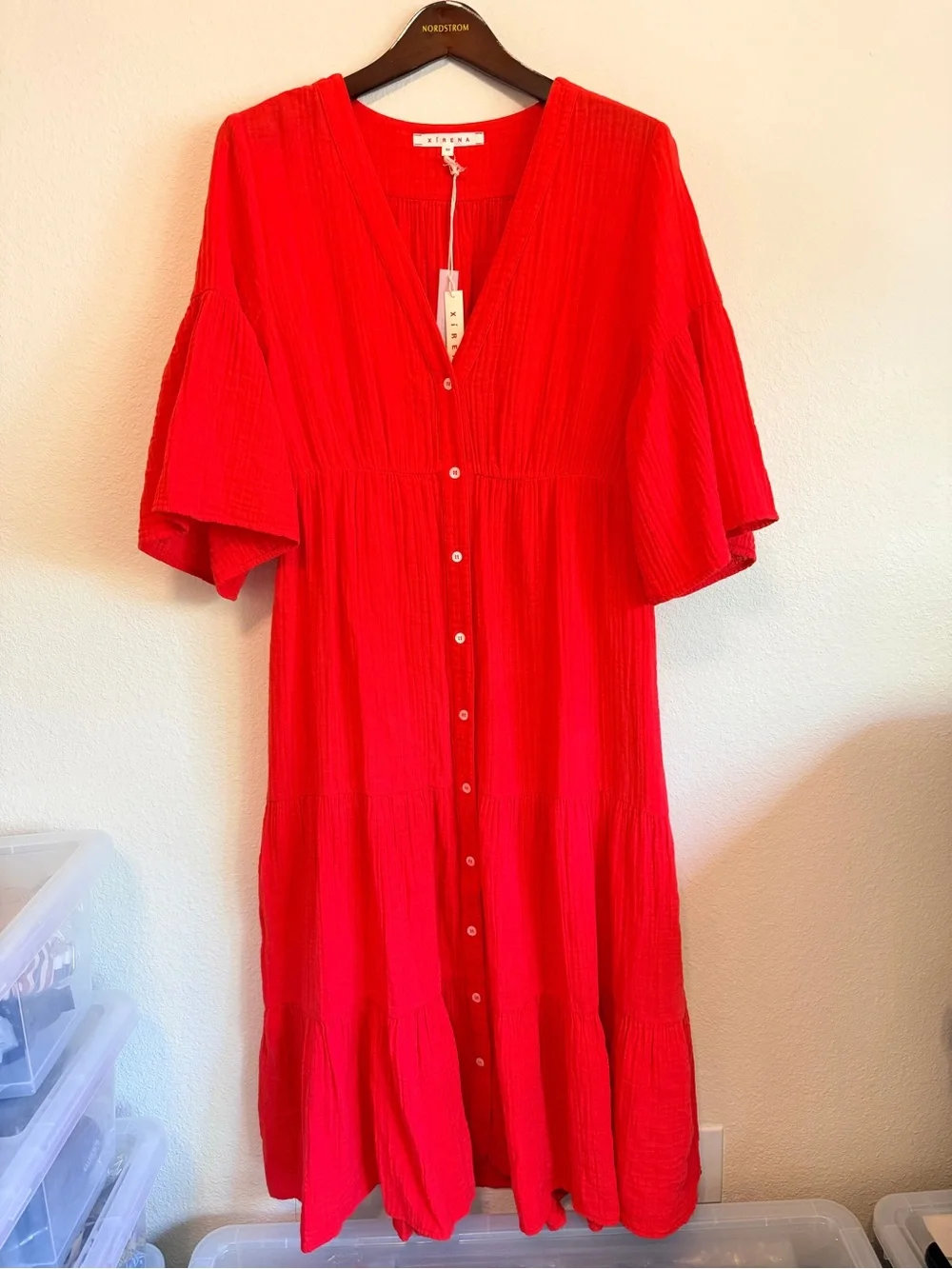 Xirena Kendall Cotton tiered midi dress, Red Hot, size M, NWT, buttondown - Picture 7 of 14
